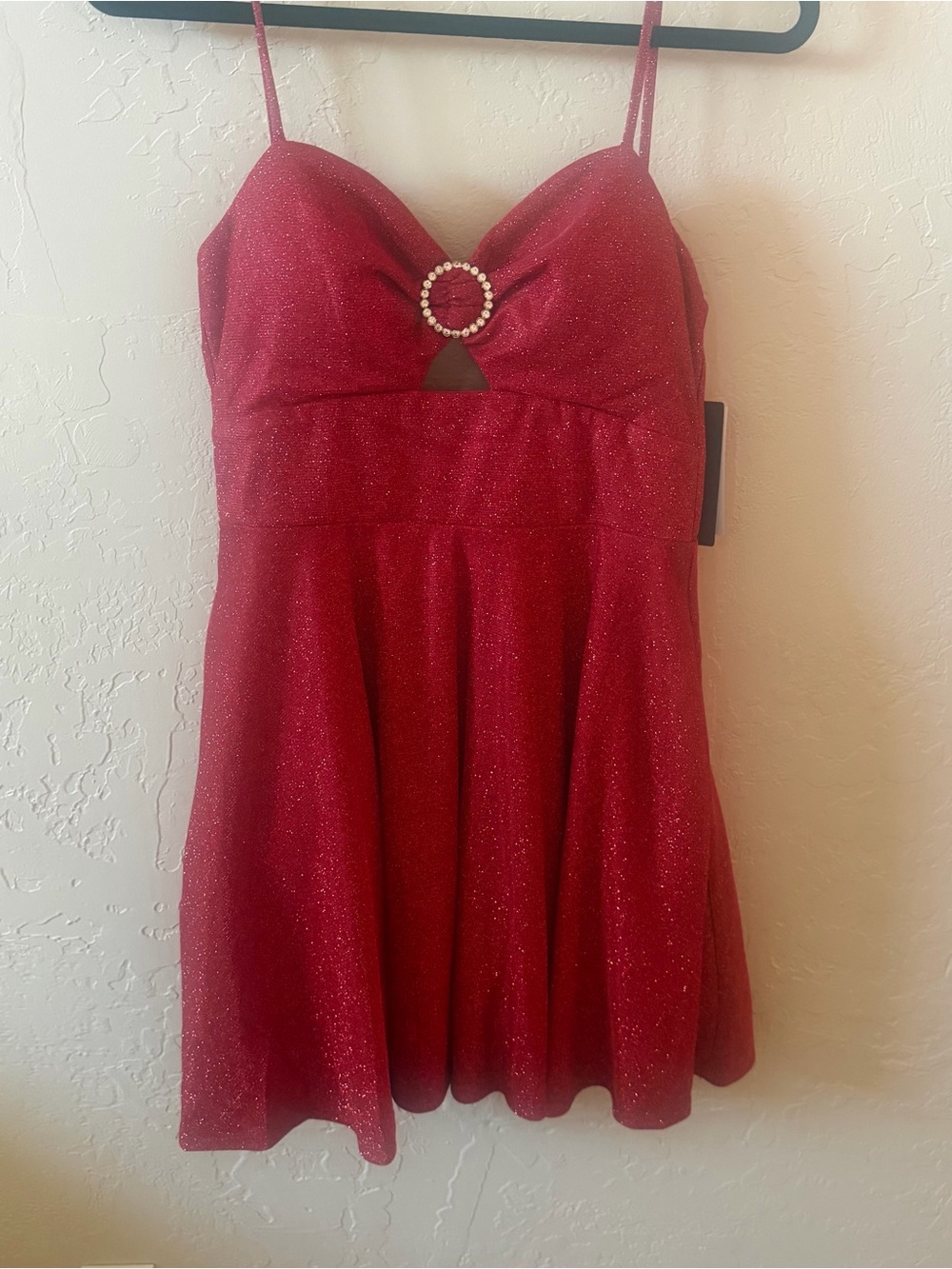 City Studio Red Sparkle Spaghetti-Strap Mini Dress with Rhinestone Ring.